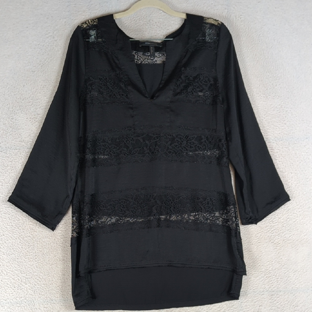 BCBGMaxAzria Women's Black Satin Lace Boxy Blouse Size M
